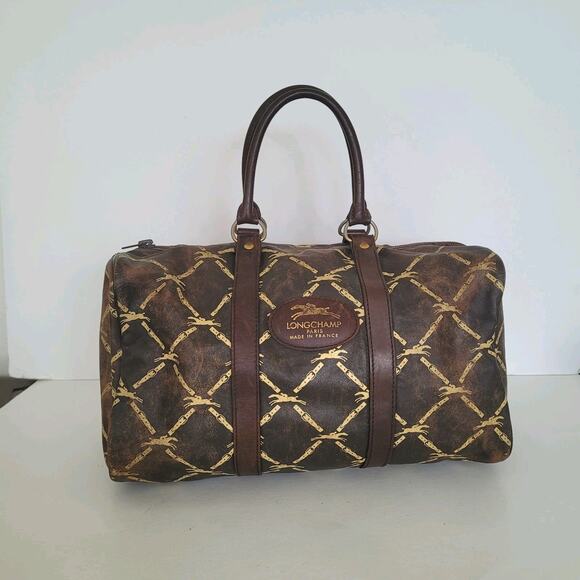 Longchamp Paris Signature Geniue Leather Brown Zip Duffle Tote Bag Purse Large - Picture 1 of 11